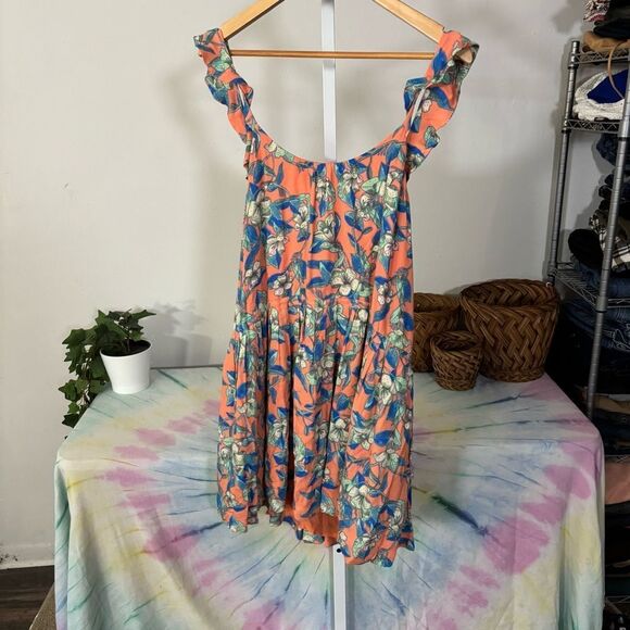 NWT FREE PEOPLE Dear You Dress Drawstring Waist Ruffle Straps Rayon Orange M nwt - Picture 2 of 11